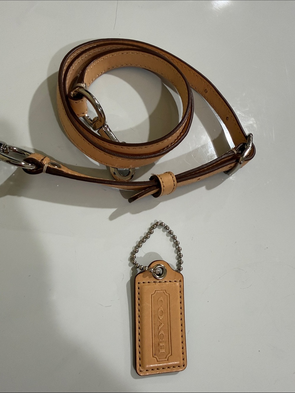 Coach Tan Leather adjustable Strap and Tag Key & Card Holder with Silver Hardwar